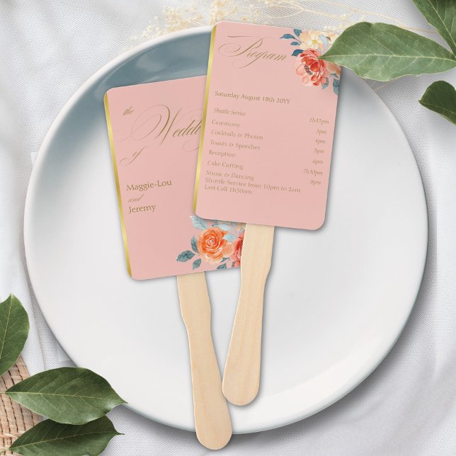 Elegant Gold Blush Floral Script Wedding Program Hand Fan (Creator Uploaded)