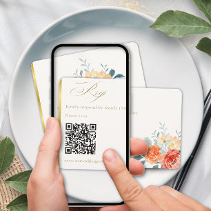 Elegant Gold Blush Floral Script Wedding QR Code RSVP Card
