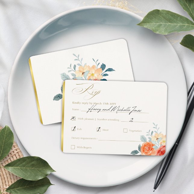 Elegant Gold Blush Floral Script Wedding RSVP Card (Creator Uploaded)