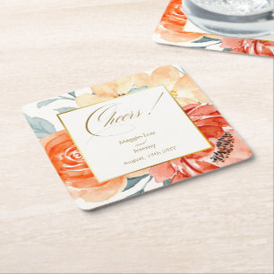 Elegant Gold Blush Floral Script Wedding Square Paper Coaster