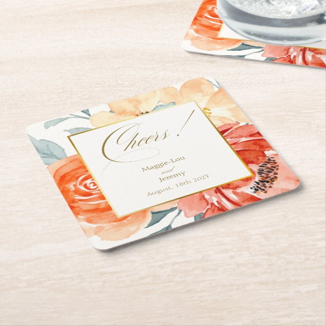 Elegant Gold Blush Floral Script Wedding Square Paper Coaster (Angled)
