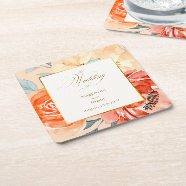 Elegant Gold Blush Floral Script Wedding Square Paper Coaster (Angled)