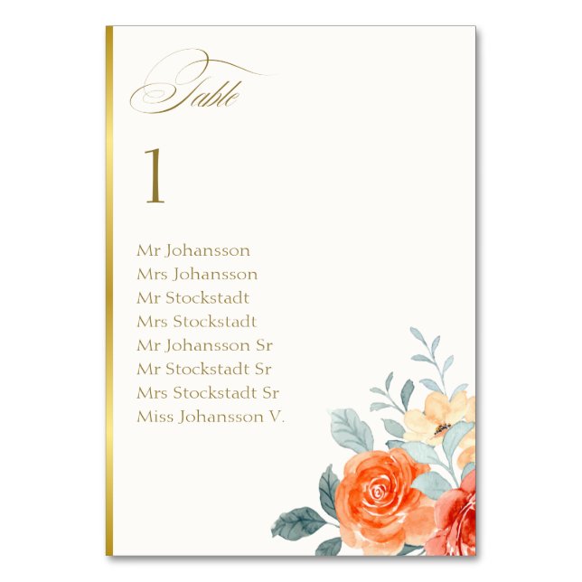Elegant Gold Blush Floral Script Wedding Table Number (Front)