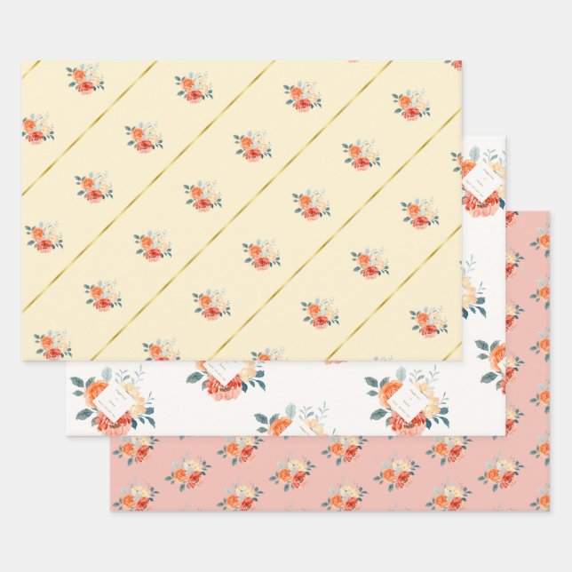 Elegant Gold Blush Floral Script Wedding Wrapping Paper Sheet (Set)