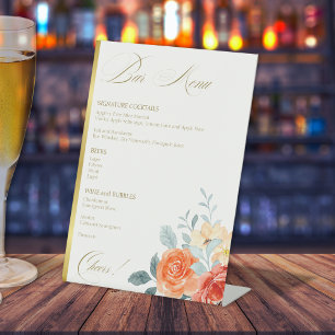 Elegant Gold Blush Floral Wedding Bar Menu Pedestal Sign