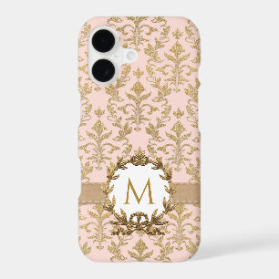 Elegant Gold Blush Pink Damask Glitter Monogram