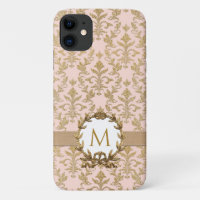 Elegant Gold Blush Pink Damask Glitter Monogram