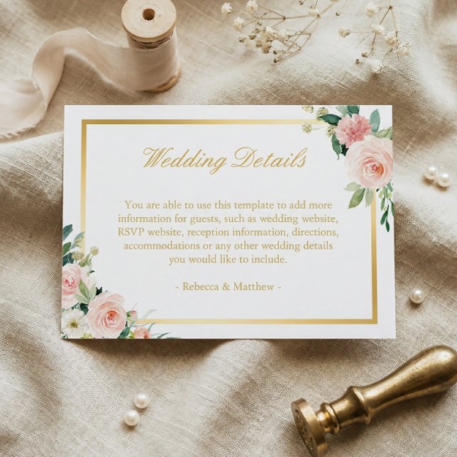 Elegant Gold Blushing Pink Floral Wedding Details Enclosure Card (Creator Uploaded)