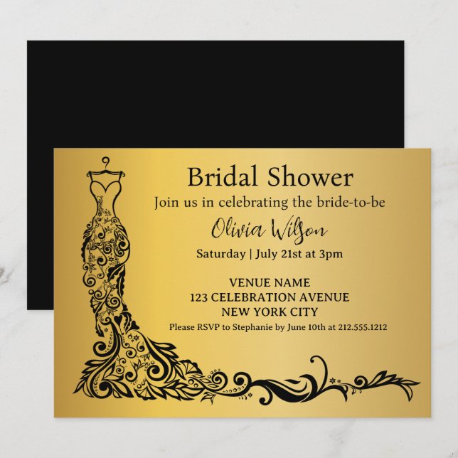  Elegant Gold Boho Floral Gown Bridal Shower Invitation (Front/Back)