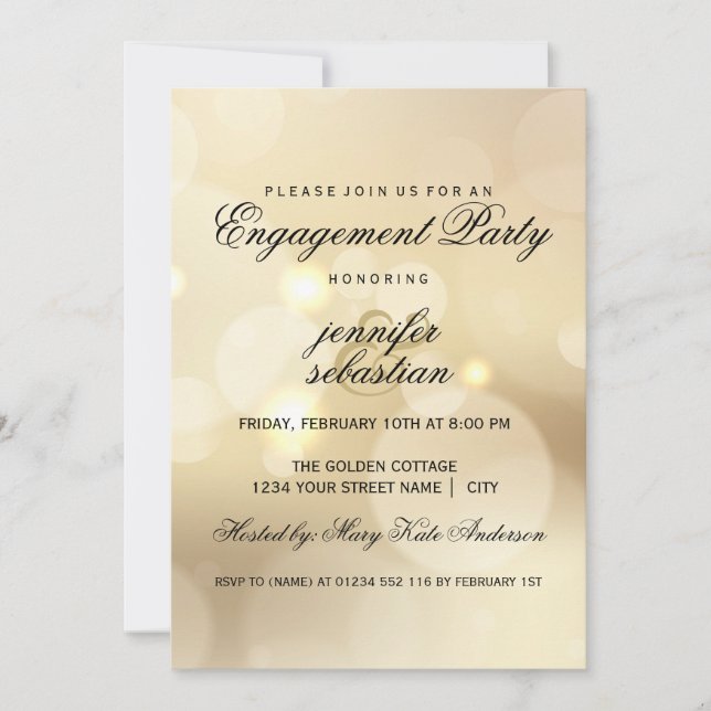 Elegant Gold Bokeh Light Chic Engagement Party Invitation (Front)