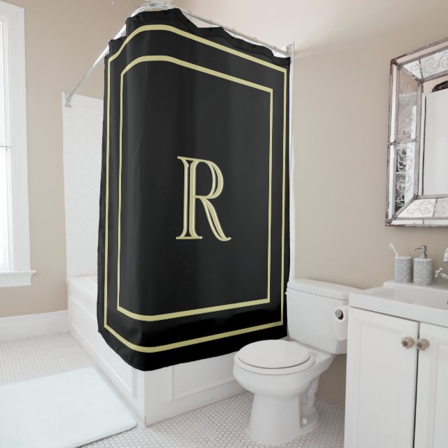 Elegant  Gold Border and Custom Monogram Black Shower Curtain (In Situ)