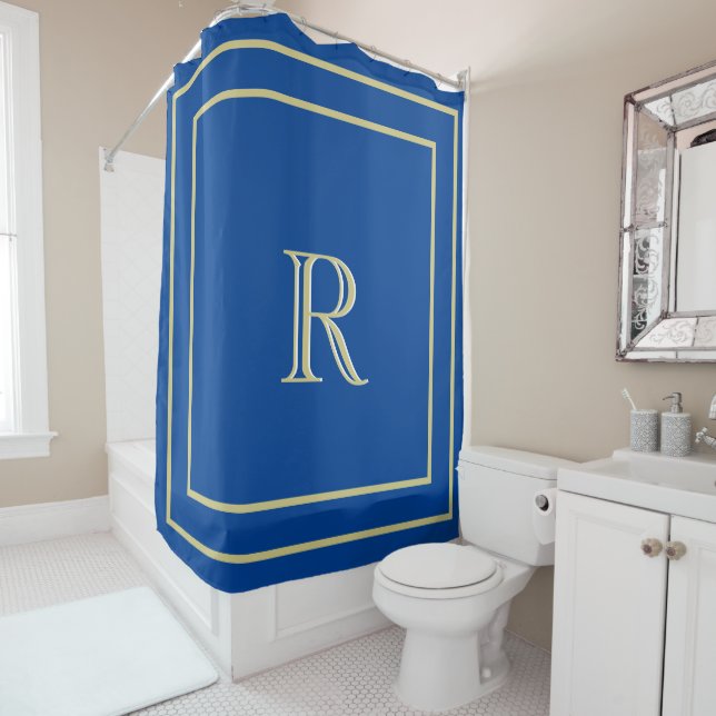 Elegant  Gold Border and Custom Monogram Blue   Shower Curtain (In Situ)