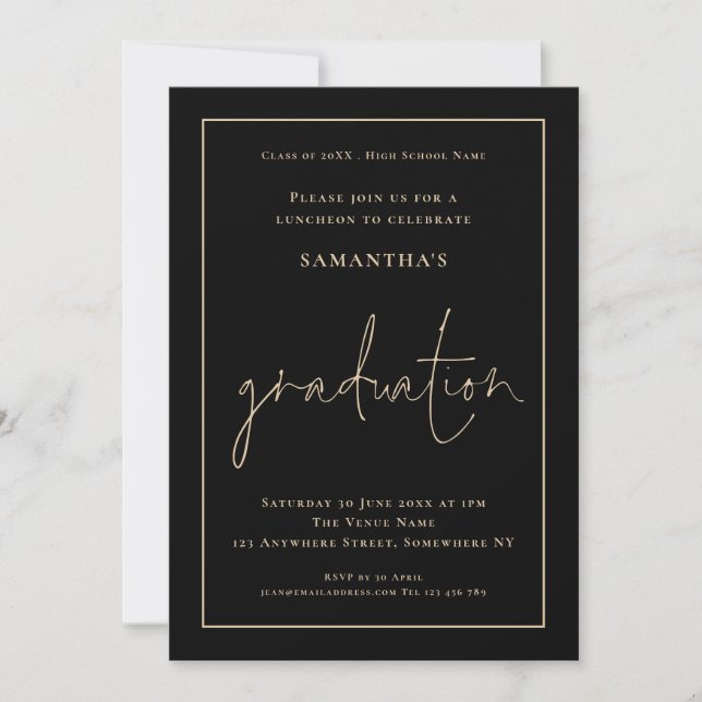 Elegant Gold Border Black Grad Luncheon Graduation Invitation (Front)