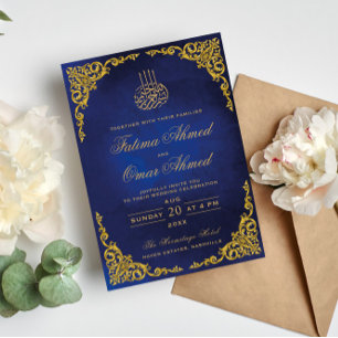 Elegant Gold Border Blue Islamic Muslim Wedding Invitation