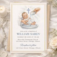 Elegant Gold Border Blue Shell Baby Boy Baptism
