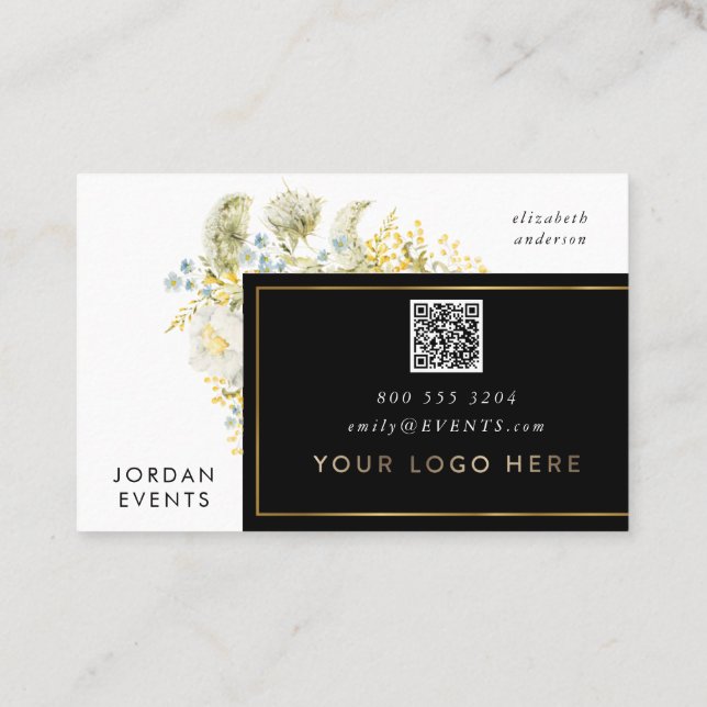 Elegant Gold Border Wildflower QR CODE Business Card (Back)