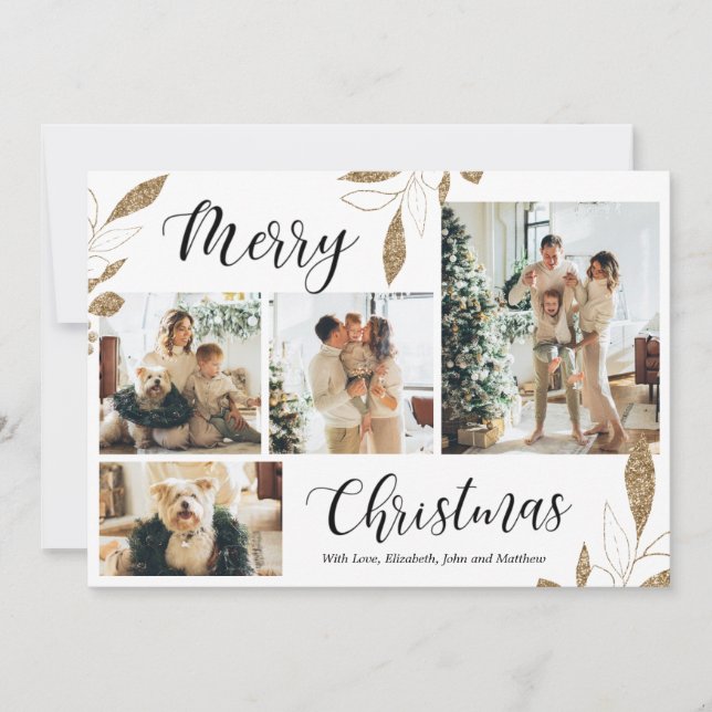 Elegant Gold Botanical 4 Photo Collage Christmas (Front)