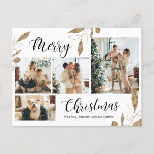 Elegant Gold Botanical 4 Photo Collage Christmas Postcard