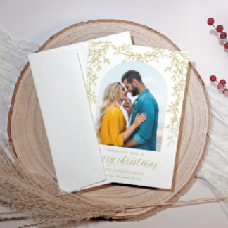 Elegant Gold Botanical Arch Photo Merry Christmas Holiday Card