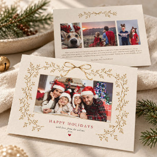 Elegant Gold Botanical Bow Family Photo Holiday Card
