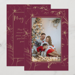 Elegant Gold Botanical Burgundy Christmas Photo Holiday Card