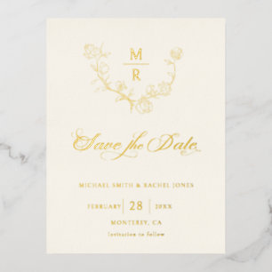 Elegant Gold Botanical Calligraphy Save the Date Foil Invitation Postcard