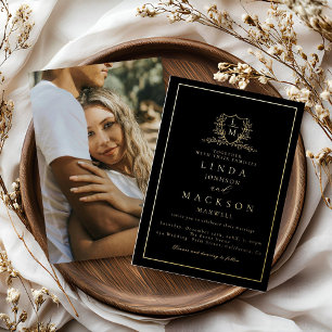 Elegant  gold botanical crest monogram wedding fo