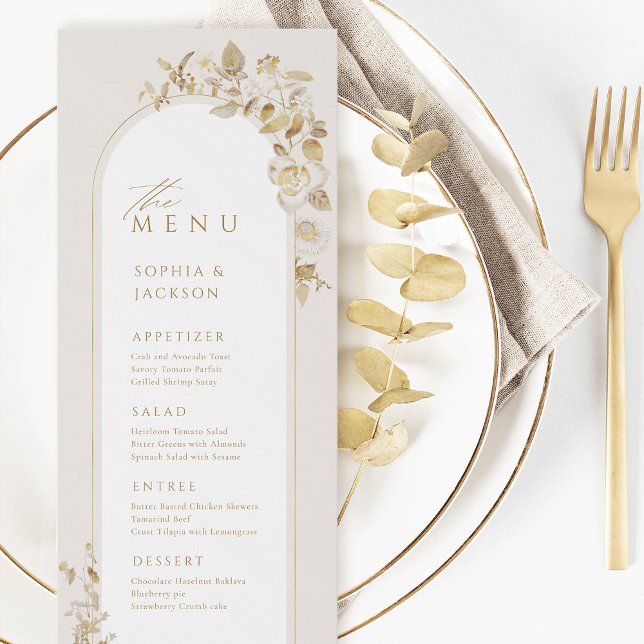 Elegant Gold Botanical Floral Arch Wedding Menu (Elegant Gold Botanical Floral Arch Wedding Menu)