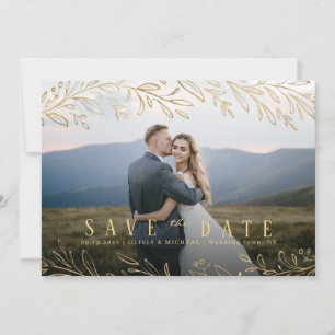 Elegant gold botanical foliage photo save the date invitation