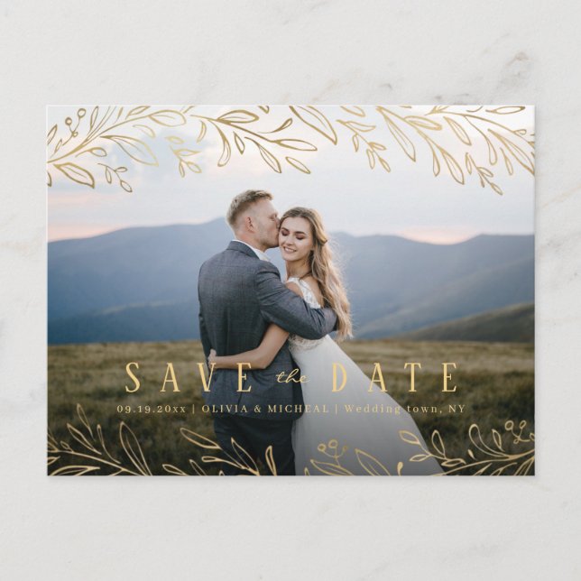 Elegant gold botanical foliage photo save the date postcard (Front)