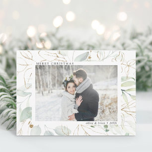 Elegant Gold Botanical Greenery Photo Christmas Holiday Card