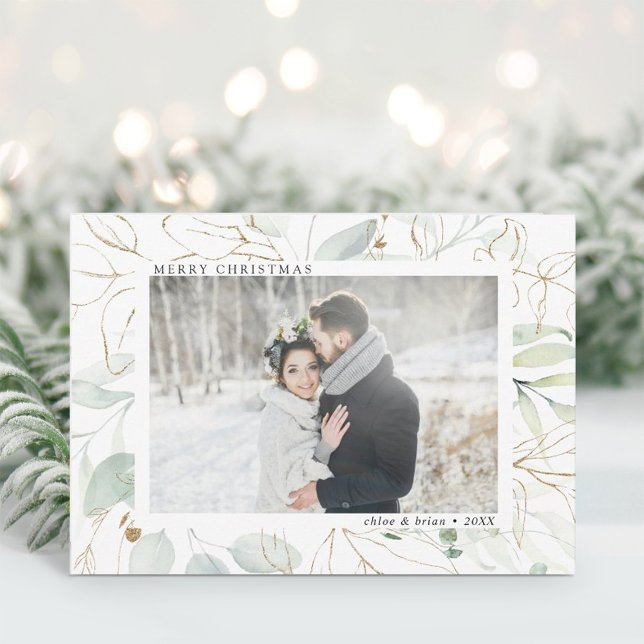 Elegant Gold Botanical Greenery Photo Christmas Holiday Card (Creator Uploaded)