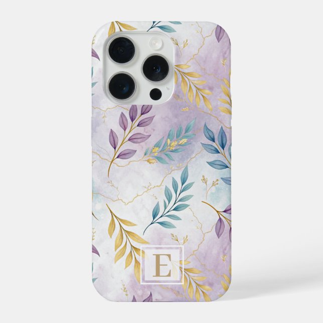 Elegant Gold Botanical Marble Mongram iPhone Case (Back)