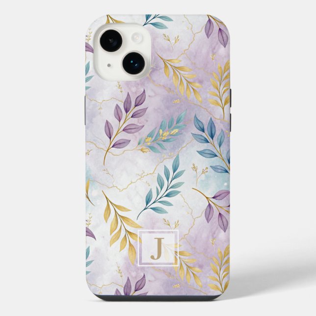 Elegant Gold Botanical Marble Mongram iPhone Case (Back)
