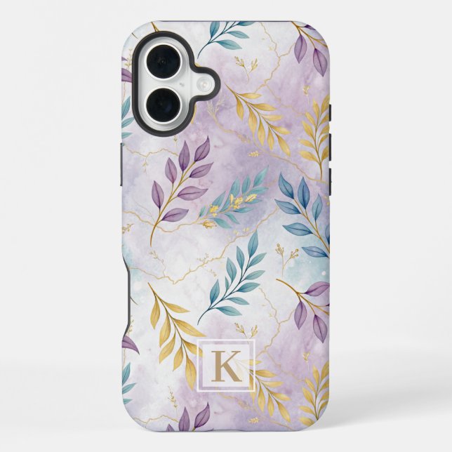 Elegant Gold Botanical Marble Mongram iPhone Case (Back)