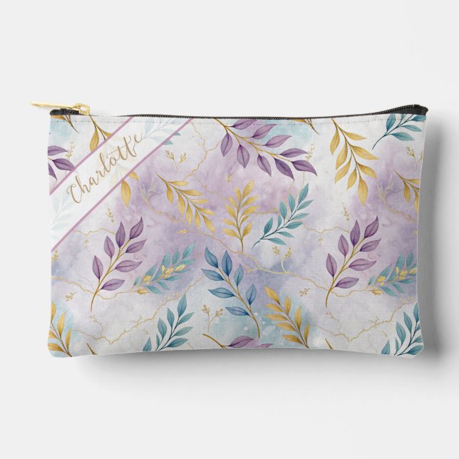 Elegant Gold Botanical Marble Personalized Accessory Pouch (Front)