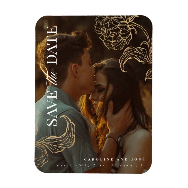 Elegant Gold Botanical Photo Save the Date Magnet (Vertical)