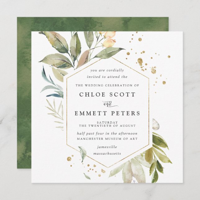 Elegant Gold Botanical Square Wedding Invitation (Front/Back)