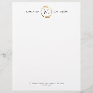 Elegant Gold Botanical Wreath Monogram Custom Letterhead