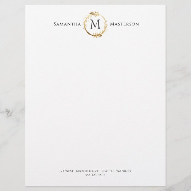 Elegant Gold Botanical Wreath Monogram Custom Letterhead (Front)