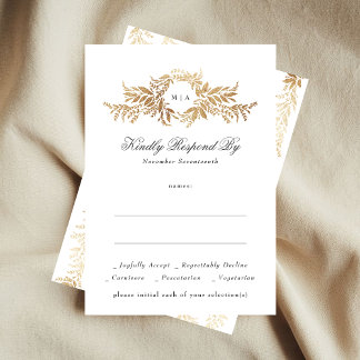 elegant gold botanical wreath monogram wedding RSVP card