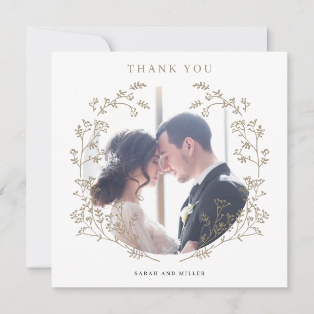 Elegant Gold Botanical Wreath Photo Thank You (Front)