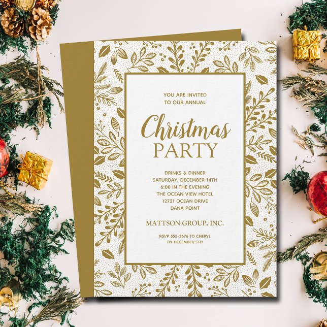 Elegant Gold Botanicals Christmas Party Invitation (Elegant gold (non-metallic) botanicals Christmas party invitations, PRINTED and/or INSTANT DOWNLOAD)