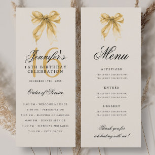 Elegant Gold Bow 16th Birthday Party Program Menu Invitation