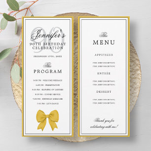 Elegant Gold Bow 90th Birthday Program + Menu  Invitation