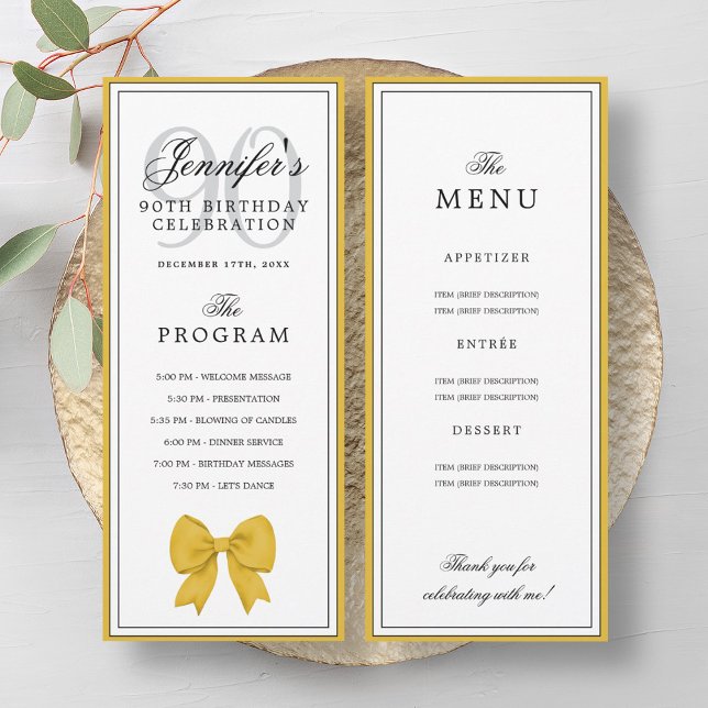 Elegant Gold Bow 90th Birthday Program + Menu  Invitation (Elegant Gold Bow 90th Birthday Program + Menu )