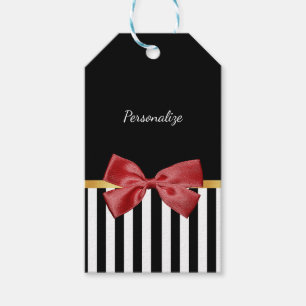 Elegant Gold Bow Black and White Stripes With Name Gift Tags