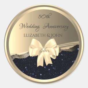 Elegant Gold Bow Black Glitter Anniversary Classic Round Sticker