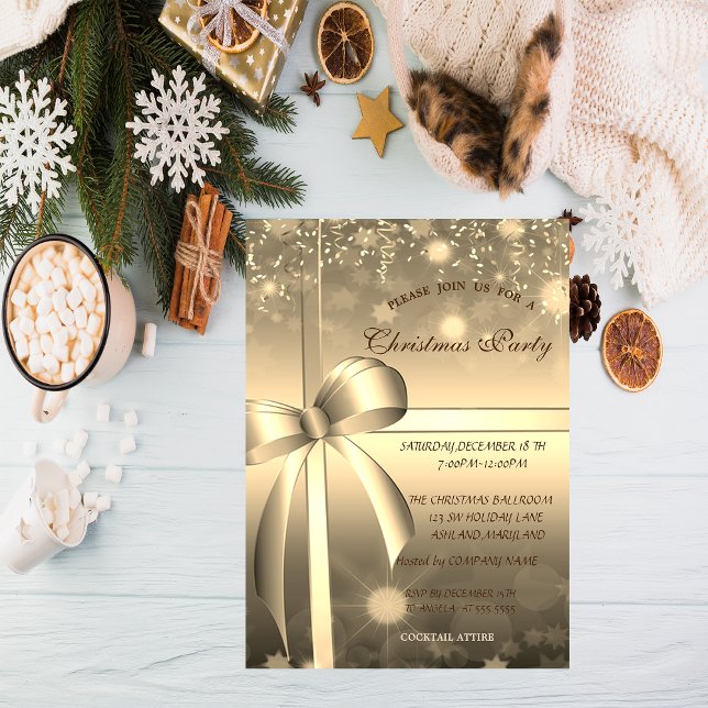 Elegant Gold Bow, Confetti Company Christmas Party Invitation (Creator Uploaded)