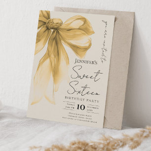 Elegant Gold Bow Coquette Script Sweet 16 Party Invitation